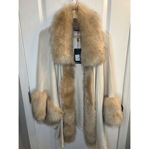 Jayley Cream Knit Faux Fur Trim Cape Wrap Jacket KFP24A-D02 One Size New